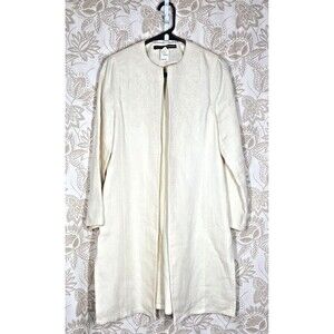 NEWLINDA ALLARD ELLEN TRACY 98% LINEN LONG TUNIC OPEN JACKET W/EMBROIDERY sz 10